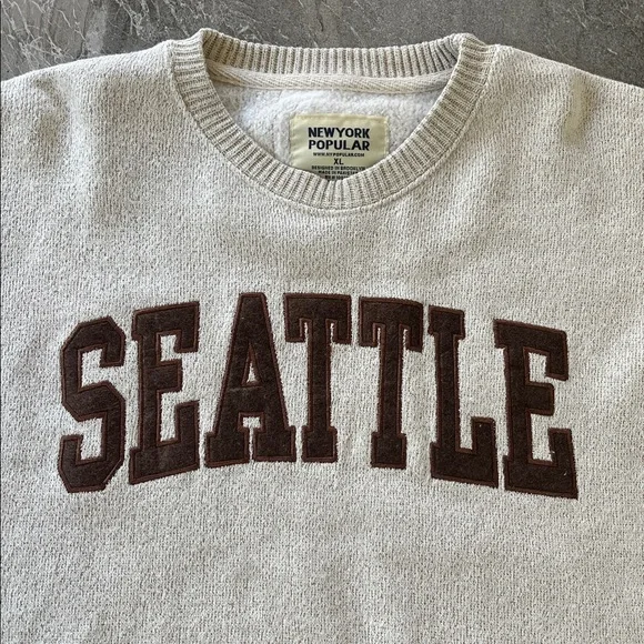 🤍 New York Popular Seattle Crewneck Sweatshirt Size XL Oatmeal Brown Unisex - Picture 3 of 8
